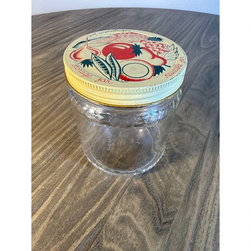 Vintage MCM Refrigerator Storage Jar Paneled Glass Tin Lid Fruit Vegetable 4.5in